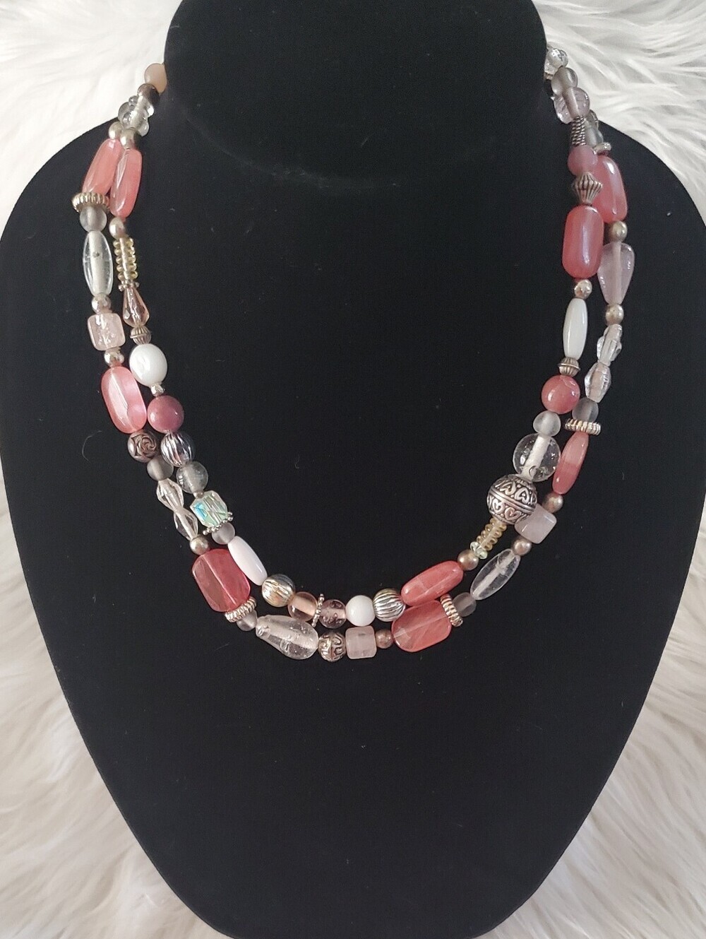 Pink Multi Strand Beaded Statement Necklace Rose Blush Silver Boho Cottagecore